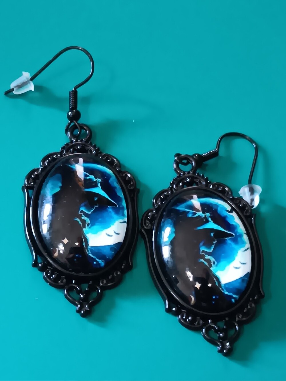 Witch Silhouette Black Blue Moon Oval Drop Hook Earrings, Whimsigoth Witchy Fall